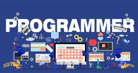 Man and woman think analyze creative work with  PROGRAMMER Text, flat design illustration Creativity modern Idea and Concept Vector.のイラスト素材