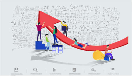 &#xD;&#xA;Business team Man and woman think analyze creative work  with hoist up arrow,flat design illustration Creativity modern Idea and Concept Vector Infographic template.のイラスト素材