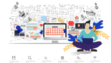 Business Man think analyze creative work,flat design illustration Creativity modern Idea and Concept Vector Infographic template.のイラスト素材