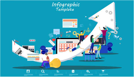 Business team Man and woman think analyze creative work  with hoist up arrow,flat design illustration Creativity modern Idea and Concept Vector Infographic template.のイラスト素材