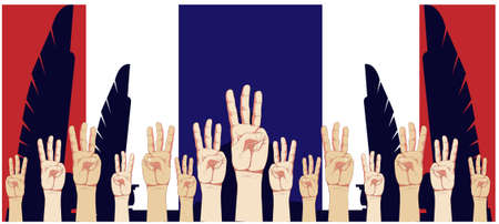 Banner with raise 3 fingers for Demand democracy Thailand.のイラスト素材
