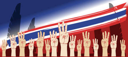 Banner with raise 3 fingers for Demand democracy Thailand.のイラスト素材
