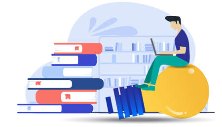 Business Man Use laptop and Book readers, think analyze flat design illustration Creativity modern Idea and Concept Vector.のイラスト素材