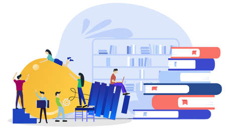 Book readers, Business team Man and woman think analyze creative work  withLight bulb ,flat design illustration Creativity modern Idea and Concept Vector.のイラスト素材