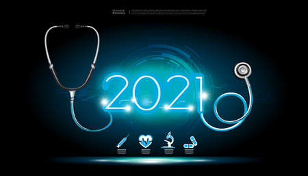 Stethoscope Medical treatment tools and  Icons set about medicine - Neon Text  2021 -  creativity idea and  concept - background  innovation technology  modern Infographic template.のイラスト素材