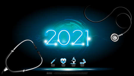 Stethoscope Medical treatment tools and  Icons set about medicine - Neon Text  2021 -  creativity idea and  concept - background  innovation technology  modern Infographic template.のイラスト素材