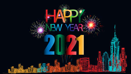 Happy new year  2021 text - Sketch Building In The City Clip Art, Vector Images &amp; Illustrations with Colorful.のイラスト素材