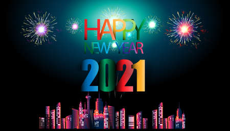 Happy new year  2021 text- Fireworks Colorful  - Building in the city- background Vector illustration.のイラスト素材