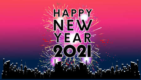 Happy new year  2021 text  black - Fireworks Golden - Building In The City- vector illustration.のイラスト素材