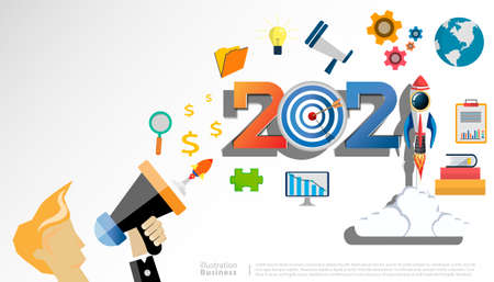 Businessman speak megaphone  with 2021 new year text, Light bulb,darts shoot Into crotch for...