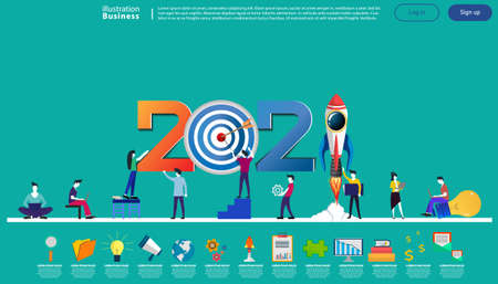 Man and woman think analyze creative   with 2021 new year text, Light bulb,darts shoot Into crotch for success,set icon,drawing charts data,modern Idea concept vector illustration Infographic template.の写真素材