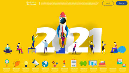 Man and woman think analyze creative   with 2021 new year text,  for success,set icon,modern Idea concept vector illustration Infographic template.のイラスト素材
