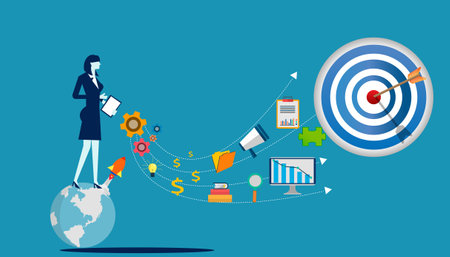 Businesslady Idea concept   illustration vector,Office Work,light bulb,darts shoot Into crotch for success,set icon.のイラスト素材