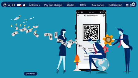 Business team is working  Online payment, Smartphone screen with QR code for online payment transfer,with Text  Activities,Pay and charge,Wallet,Offer,Assistance,Notification.のイラスト素材