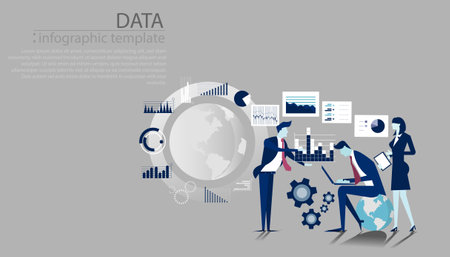 Community trading market analysis  Businessman and Lady  group Brainstorm working for  success,earth, chart,graph,set icon. modern design idea  concept vector,infographic template.のイラスト素材