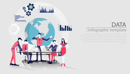 Business team is working  Idea concept   illustration vector,Office Work,Social Network Technology, Laptop,Earth, chart,graph, for success,set icon,infographic template.のイラスト素材