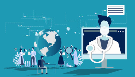 man consulting a doctor online using his computer, telemedicine and online doctor concept illustration.のイラスト素材