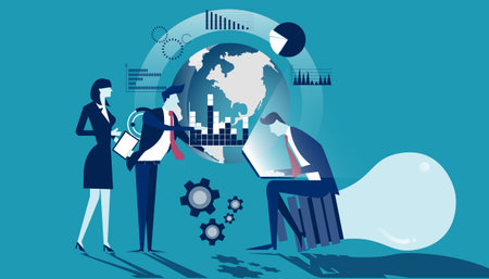 Community trading market analysis  Businessman and Lady  group Brainstorm working for  success,earth, chart,graph,set icon. modern design idea  concept vector.のイラスト素材