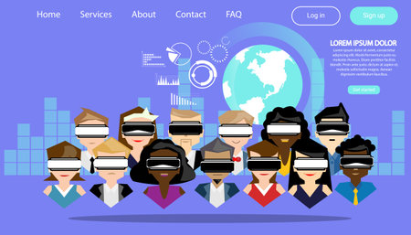 People using technology  virtual reality glasses with laptop. modern design idea  concept vector Infographics template.&#xD;&#xA;のイラスト素材