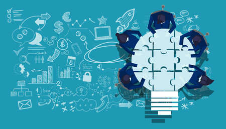 Community trading market analysis  Businessman and Lady  group Brainstorm working,connect jigsaw pieces,for  success,modern design idea  concept vector.のイラスト素材