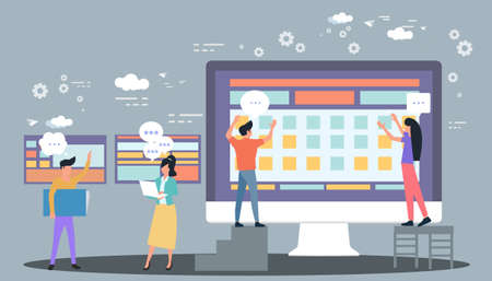 Man and woman think analyzing growth charts. flat design illustration Creativity modern Idea and Concept Vector.のイラスト素材