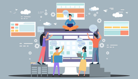 Man and woman think analyzing growth charts. flat design illustration Creativity modern Idea and Concept Vector.のイラスト素材