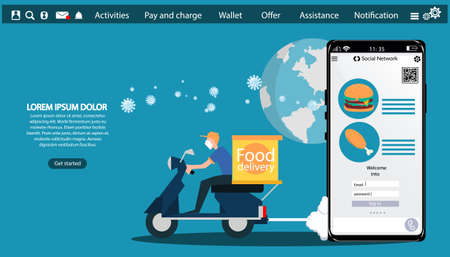 food Online delivery range covid-19,set idea and concept creativity illustration.のイラスト素材
