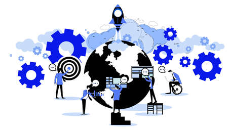 Businessman and woman brainstorm with world.icon set idea and concept creativity illustration business  innovation technology modern.のイラスト素材