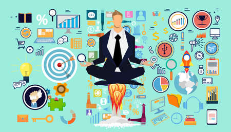 Businessman practicing  meditation  with icon set - business startup - for success,plan,think,search,analyze,communicate, innovation technology modern.のイラスト素材