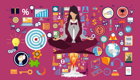 Businesswoman practicing  meditation  with icon set - business startup - for success,plan,think,search,analyze,communicate, innovation technology modern.のイラスト素材