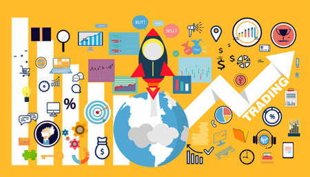 rocket with  trading market analysis.icon set.working for   success,plan,think,search,analyze,communicate, innovation technology modern.のイラスト素材