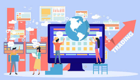 man and woman with  trading market. think analyzing growth charts. flat design illustration creativity modern idea and concept vector.のイラスト素材
