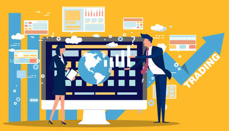 man and woman with  trading market. think analyzing growth charts. flat design illustration creativity modern idea and concept vector.のイラスト素材