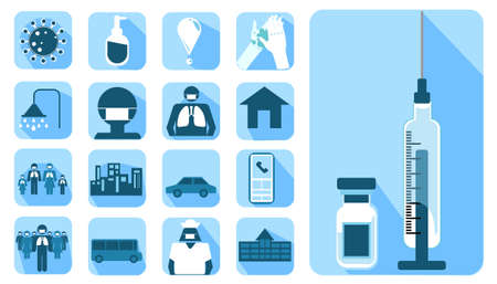 icon Illustration medical  protection covid-19 virus contact communicate hospital to enter heal and  spray vaccine  to people, modern design idea  concept vectorのイラスト素材