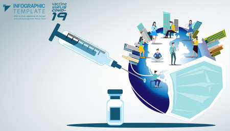 Men and women wear mask.world put mask health.Social distancing, Illustration medical spray vaccine covid-19 virus. infographic template.のイラスト素材