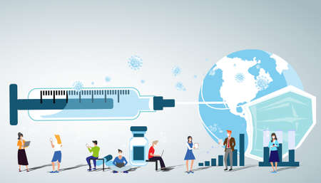 Spray vaccine  COVID 19  to people around the world.Illustration medical How to prevent covid-19 virus.のイラスト素材