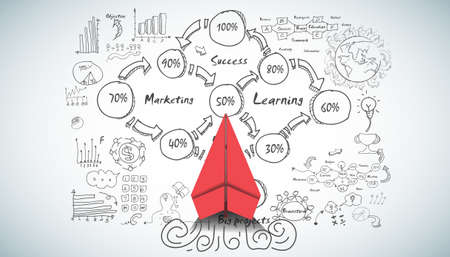red paper plane and business strategy on white background plan, business success,idea and concept creativity illustration business  innovation technology modern.のイラスト素材