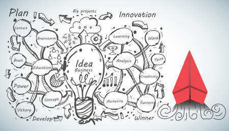red paper plane and business strategy on white background plan, business success,idea and concept creativity illustration business  innovation technology modern.のイラスト素材