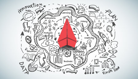 red paper plane and business strategy on white background plan, business success,idea and concept creativity illustration business  innovation technology modern.のイラスト素材
