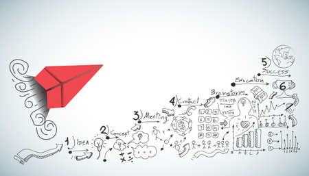 red paper plane and business strategy on white background plan, business success,idea and concept creativity illustration business  innovation technology modern.のイラスト素材