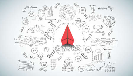 red paper plane and business strategy on white background plan, business success,idea and concept creativity illustration business  innovation technology modern.のイラスト素材