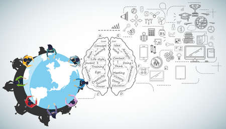 Businessman and woman brainstorm success with word,plan,think,search,analyze,communicate, futuristic...