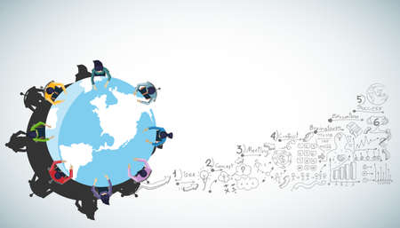 Businessman and woman brainstorm success with word,plan,think,search,analyze,communicate, futuristic...