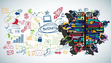 Businessman and woman brainstorm with  brain,plan,think,search,analyze,communicate, futuristic idea innovation technology modern.vectorのイラスト素材