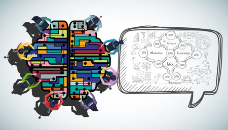 Businessman and woman brainstorm with  brain,plan,think,search,analyze,communicate, futuristic idea innovation technology modern.vectorのイラスト素材