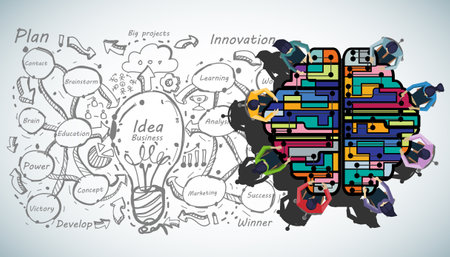Businessman and woman brainstorm with  brain,plan,think,search,analyze,communicate, futuristic idea innovation technology modern.vectorのイラスト素材