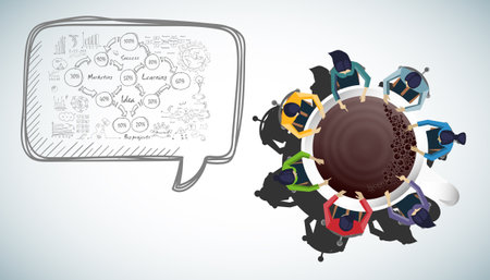 Businessman and woman brainstorm success with  Coffee cup,  plan,think,search,analyze,communicate, futuristic idea innovation technology modern.vectorのイラスト素材