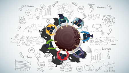 Businessman and woman brainstorm success with  Coffee cup,  plan,think,search,analyze,communicate, futuristic idea innovation technology modern.vectorのイラスト素材