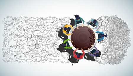 Businessman and woman brainstorm success with  Coffee cup,  plan,think,search,analyze,communicate, futuristic idea innovation technology modern.vectorのイラスト素材