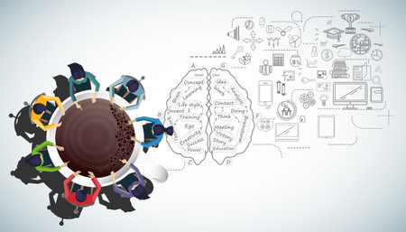Businessman and woman brainstorm success with  Coffee cup,  plan,think,search,analyze,communicate, futuristic idea innovation technology modern.vectorのイラスト素材
